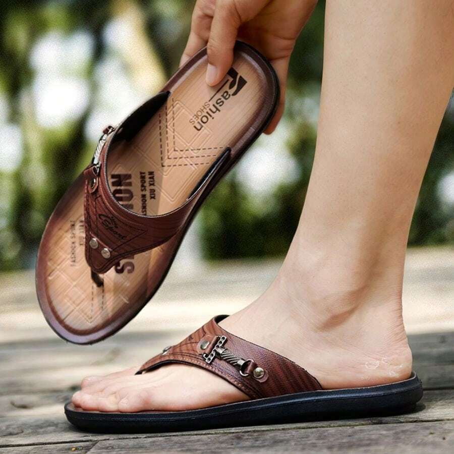 Leather Men's Flip Flops - Brown - View 1