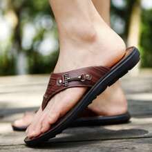 Leather Men's Flip Flops - Brown - View 4