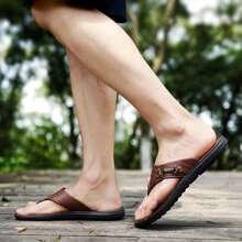 Leather Men's Flip Flops - Brown - View 2
