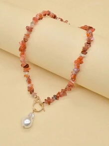 1 件不对称形状人造珍珠和宝石串珠项链，带搭扣，适合女性日常佩戴 - 彩色 - 查看 5