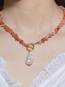 1 件不对称形状人造珍珠和宝石串珠项链，带搭扣，适合女性日常佩戴 - 彩色 - 查看 4