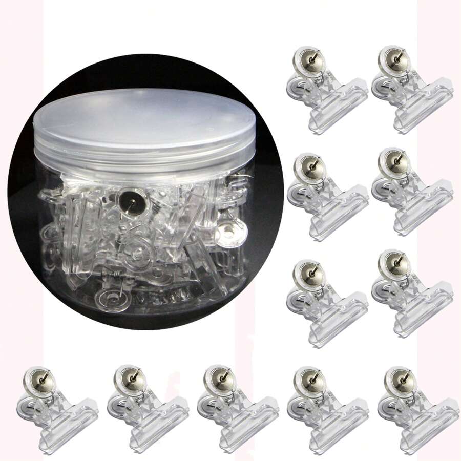 30pcs/Set Transparent Thumb Tacks & Clips, Bull Dog Shaped Transparent Thumb Tacks & Clips, Plastic Push Pins & Clips For Board, Bulletin Board And Photo Wall (30mm) - Transparent - View 1