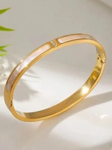 1pc Stainless Steel, Not Fading, Fashionable And Simple, Versatile, High-End And Luxurious, Unique Design Ins Style, Sweet And Gentle Elegant, Delicate And Creative, Personalized, White Shell & Rhinestone Decor Bracelet For Women, Suitable For Everyday Wear, Perfect Gift For Fashion Accessories And Best Friends