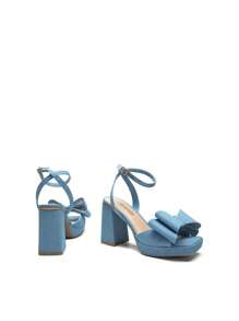 Women Chunky Platform Heeled Sandals, Fashion Bow Knot Ankle Strap Heeled Sandals, Open Square Toe Sandals For Spring Summer Party Wedding Prom - 藍色 - 查看 8