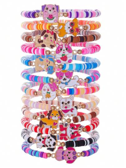 12pcs/Set Cute Dog Themed Handmade Woven Polymer Clay Bead Elastic Bracelet For Girls