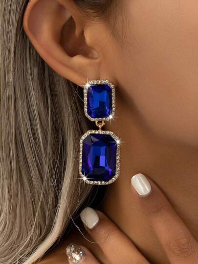 1pair Fashionable & Elegant Blue Gemstone & Rhinestone Inlaid Rectangular Pendant Earrings For Women, Suitable For Daily Wear, Parties, Gatherings, Festivals, Gifts
