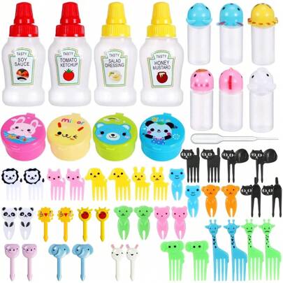 4/60pcs Mini Condiment Bottle Set Tomato Sauce Squeeze Bottle With Cartoon Animal Fruit Fork