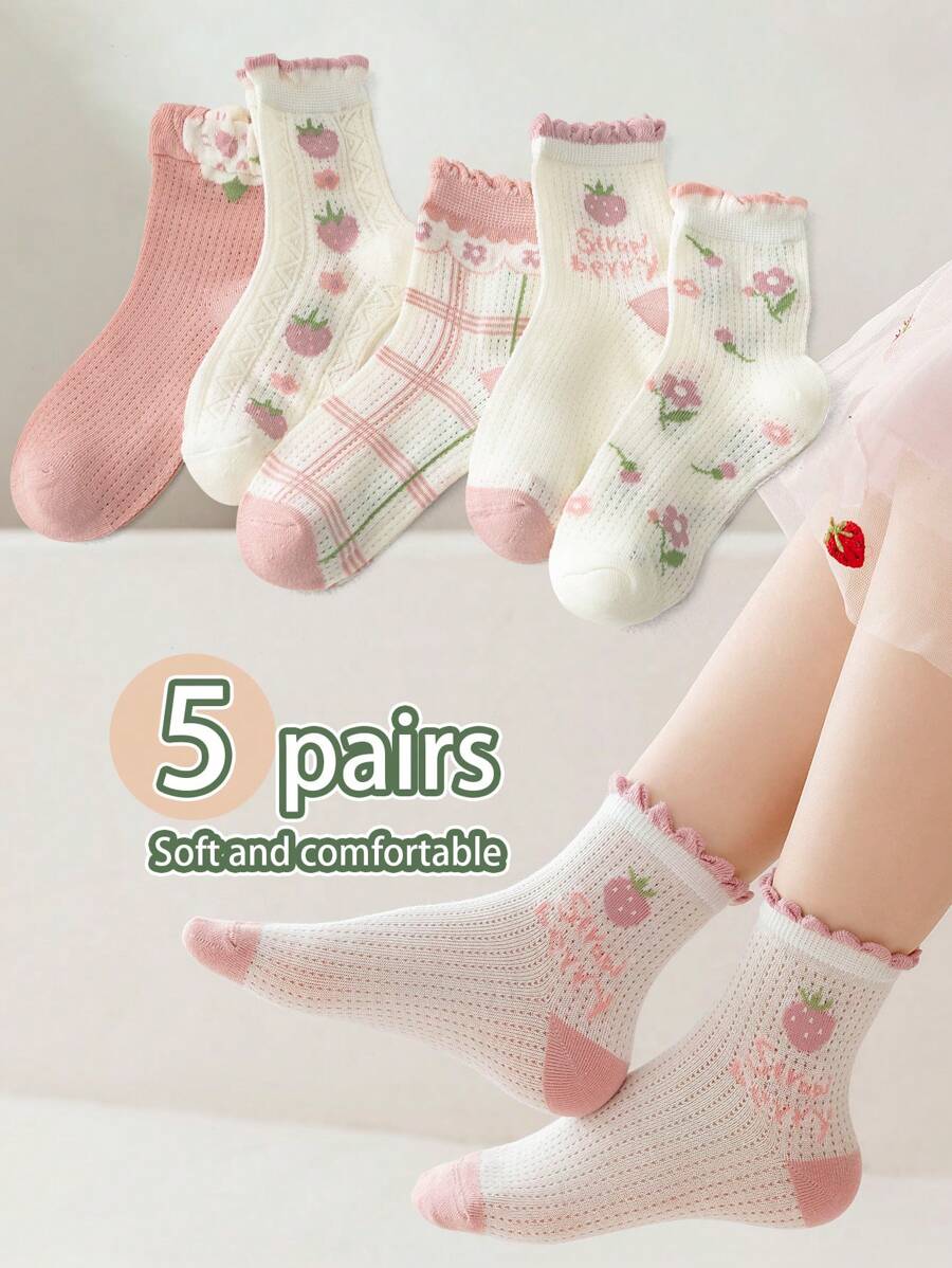 5 Cô gái Màu hồng Kẻ sọc Dâu tây & Ren hoa Mô hình Thoáng khí Vớ giữa bắp chân Thích hợp Đối với Hằng ngày Và Công chúa Giày dép - Nhiều màu - Xem 1