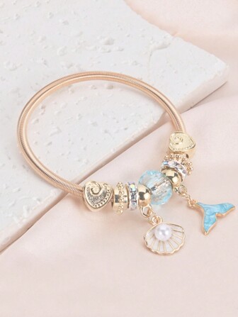 1條極簡金屬手鍊,帶有藍色魚尾、人造珍珠和貝殼吊墜,女性精美禮物