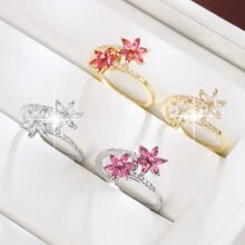 1個鄉村風格小花形設計幾何對稱立方氧化鋯鑲嵌戒指,適合女孩子 - 彩色 - 查看 7