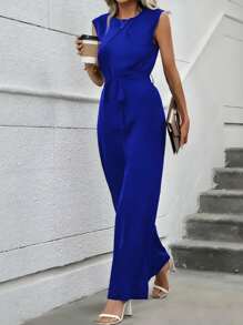 Mono sencillo de pierna ancha con cinturón ajustable cuello redondo sin mangas casual para mujer - Azul - Ver 2