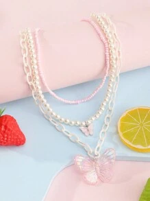3 件套女孩蝴蝶项链组合套装，带人造珍珠，简约时尚 - 彩色 - 查看 3