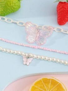 3 件套女孩蝴蝶项链组合套装，带人造珍珠，简约时尚 - 彩色 - 查看 4