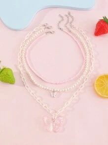 3 件套女孩蝴蝶项链组合套装，带人造珍珠，简约时尚 - 彩色 - 查看 1