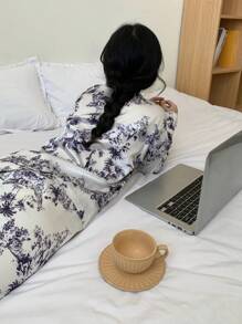 Nina Bonheur 2 件套女士府绸花卉印花翻领纽扣长袖衬衫睡衣 + 松紧腰裤睡衣套装 - 藍白色 - 查看 3