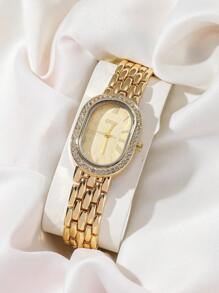 DISU 1 件女士椭圆形表盘金银不锈钢表带经典商务石英表带水钻，适合日常生活 - 金色 - 查看 2