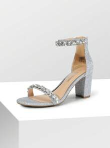 Women Rhinestone Decor Chunky Heeled Ankle Strap Sandals, Glamorous Party Heeled Sandals, For Daily, Wedding, Vacation, Prom Valentines - Silver - View 5