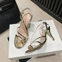 Của phụ nữ Dây đeo mắt cá chân Cao gót , 2024 Hàng mới đến , Vàng , Chóp giầy mở ra , Mùa hè Dép xăng đan Với Gầy Giày cao gót Và Thoải mái Giường để chân - Vàng - Xem 4