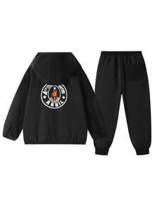 Annil 補間女孩服裝春秋休閒長袖灰色運動連帽外套運動褲2件黑色