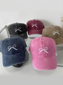 1pc Women's Vintage Sweet Bow Embroidery Washed Baseball Cap With Wide Brim, Spring Cute Valentine's Day Valentines