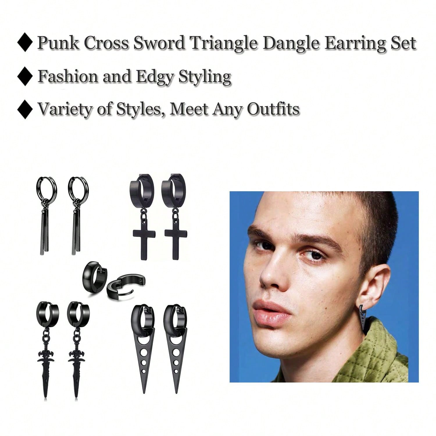 10Pcs Punk HipHop Stainless Steel Earrings For Men Women Black Sword Geometric Cross Dangling