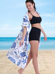 1pc Blue Seashell And Plant Patterned Hooded Zip-Up Towel, Soft And Absorbent Microfiber Surf Poncho With Front Pocket, Windproof, Sun-Proof Bathrobe For Adults, Men, Women, Couple, Beach, Pool, Shower, Outdoor, Home Use Summer Wedding Home Bathroom Decor Beach Wear Back To School