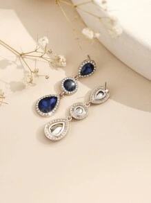 1 par de pendientes de alta gama versátiles y populares con estilo bohemio, con incrustaciones de metal y cristal de diamante - azul real - Ver 3