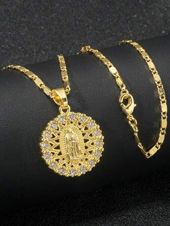 1 Pieza Fashionable Unisex Cobre Y Circonita Cúbica Redondo Hueco Hacia Fuera Virgen María Colgante Collar, Colgante Con De Virgen María De Premium Rhinestone Para Joyería De Estilo Europeo Y Americano