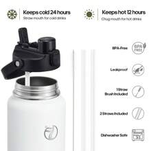 Insulated Water Bottle With 2-In-1 Lid (Chug Lid/Straw Lid),40oz/64oz Double Walled Vacuum Stainless Steel Water Bottles, Water Jug With Straw, Wide Mouth Insulated - 白色 - 查看 4