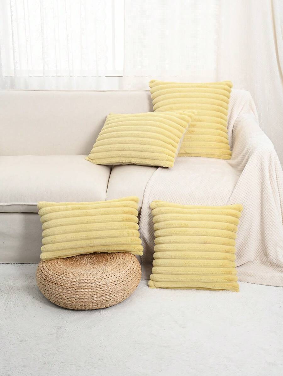 1入組帶條紋的人造兔毛枕套或腰枕套（不含內芯） - 黃色 - 查看 1