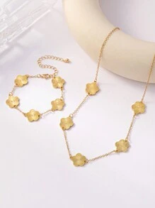 Conjunto De Colar E Pulseira Com Design De Trevo E Flor Vintage Fashion Para Festa E Dança, Ótimo Presente Para Mulheres Na Vida Diária, Dia Das Mães, Férias, Reuniões Ou Festa Na Praia, Traga Colar E Pulseira De Grama Da Sorte