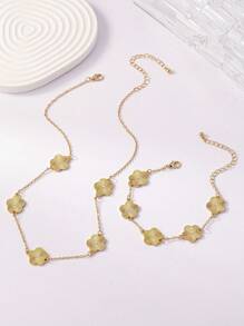 Conjunto De Colar E Pulseira Com Design De Trevo E Flor Vintage Fashion Para Festa E Dança, Ótimo Presente Para Mulheres Na Vida Diária, Dia Das Mães, Férias, Reuniões Ou Festa Na Praia, Traga Colar E Pulseira De Grama Da Sorte