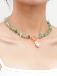 1 件不对称形状人造珍珠和宝石串珠项链，带搭扣，适合女性日常佩戴 - 彩色 - 查看 2