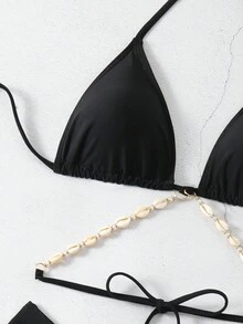Luxury Shell Decor Chain, Solid Color Nylon Fabric Triangle Bikini Set - Black - View 4