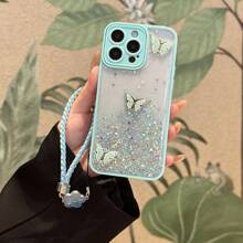 1 Món Quà Năm Mới Long Lanh Bầu Trời Đầy Sao Thiết Kế Chống Dấu Vân Tay Nút Độc Lập Vỏ Điện Thoại Tự Làm Với Bướm & Cỏ Ba Lá Quyến Rũ Và Dây Buộc Tương Thích Với Apple/Điện Thoại Android, Chống Sốc Và Kiểu Dáng Ốp Lưng - Màu xanh lam - Xem 4