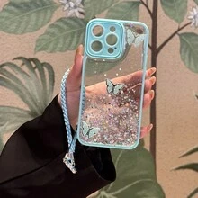 1 Món Quà Năm Mới Long Lanh Bầu Trời Đầy Sao Thiết Kế Chống Dấu Vân Tay Nút Độc Lập Vỏ Điện Thoại Tự Làm Với Bướm & Cỏ Ba Lá Quyến Rũ Và Dây Buộc Tương Thích Với Apple/Điện Thoại Android, Chống Sốc Và Kiểu Dáng Ốp Lưng - Màu xanh lam - Xem 7