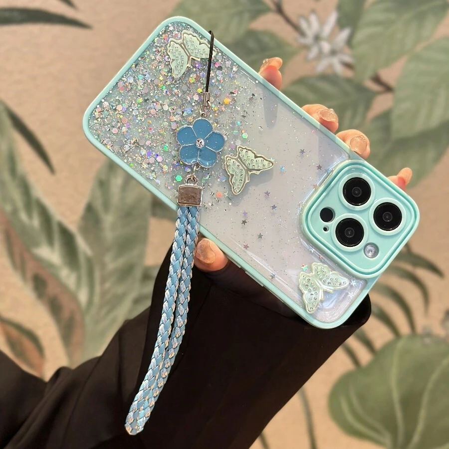 1 Món Quà Năm Mới Long Lanh Bầu Trời Đầy Sao Thiết Kế Chống Dấu Vân Tay Nút Độc Lập Vỏ Điện Thoại Tự Làm Với Bướm & Cỏ Ba Lá Quyến Rũ Và Dây Buộc Tương Thích Với Apple/Điện Thoại Android, Chống Sốc Và Kiểu Dáng Ốp Lưng - Màu xanh lam - Xem 1