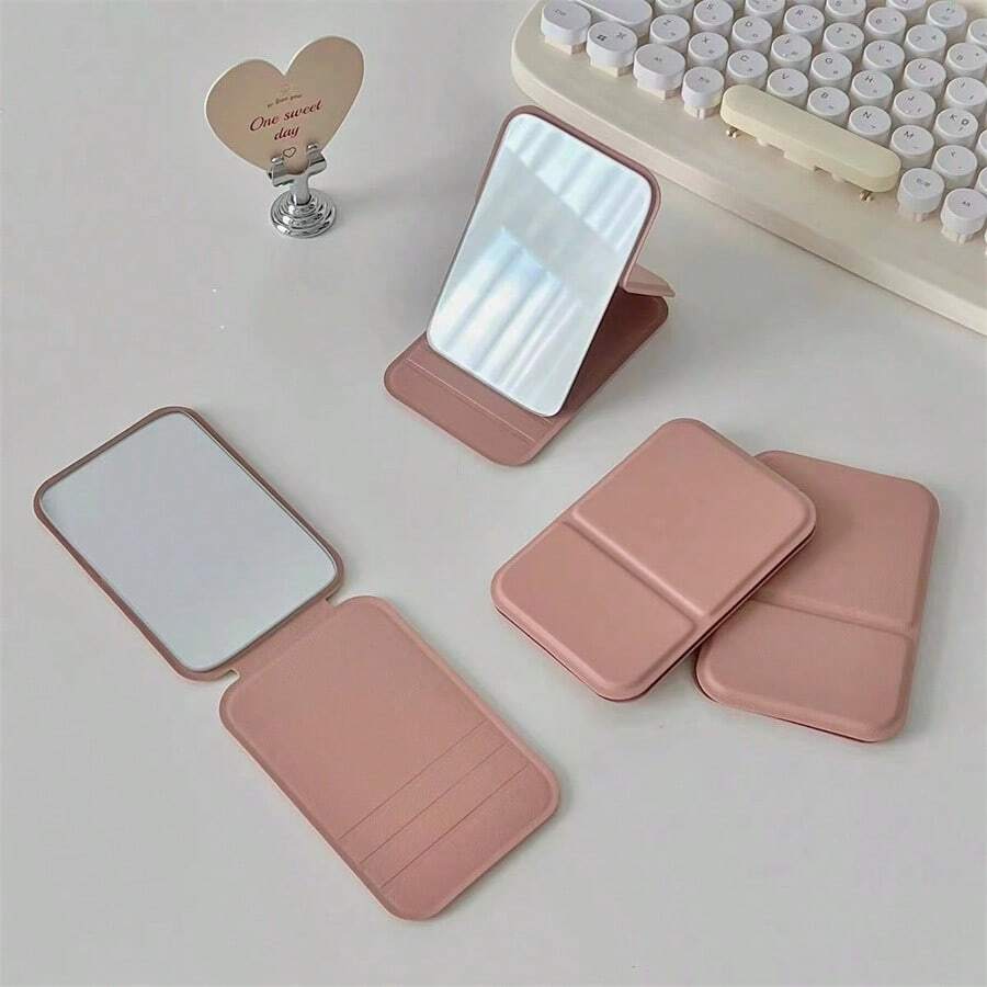 1pc Foldable Rectangle Shaped Portable Makeup Mirror With Stand, Travel Mirror, Beauty Tool, Desk Mirror, Gift For Women/Girl - Pink - View 1