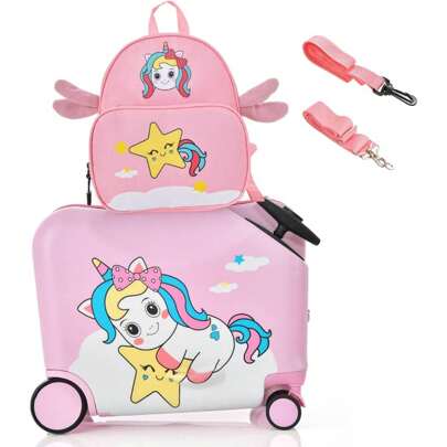 Barnresväska med ryggsäck, barntrolley, barnbagage med hjul, resväska med teleskophandtag, resväska med hårt skal för barn, barntrolley färgval (12"+18", rosa enhörning)