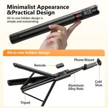 AXNEN 183cm (72 Inches) Professional Selfie Stick Tripod, Portable Travel All-In-One Hidden Design, Extendable Aluminum Alloy Super Long Pole With Cold Shoe Mount, 360° Rotatable Phone Holder With Wireless Remote, Compatible With IOS And Android Phones, Suitable For Selfie, Video Recording, Vlogging, Live Streaming, Etc. - màu đen - Xem 2