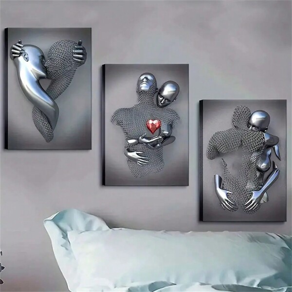 3 piezas Pintura de lienzo con figuras de metal sin marco, arte de pared de lienzo para sala de estar con pareja romántica, efecto de escultura metálica de corazón 3D