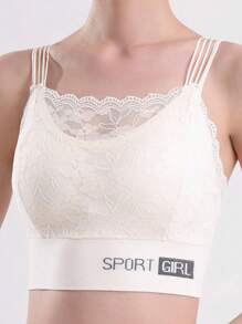 3pcs Women Solid Color Wireless Lace Embellished Bra Set, Lingerie