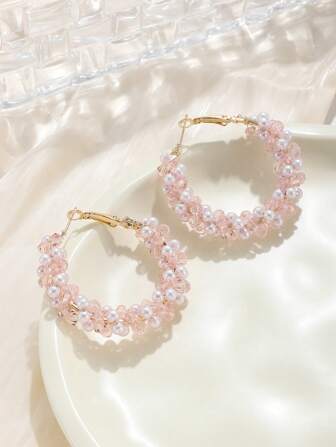 1副女性時尚個性化粉色圓形耳環,人造珍珠和水晶裝飾