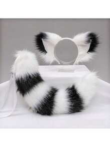 1套狐狸耳朵頭箍和尾巴套裝，毛茸茸的動物耳朵COS尾巴配件，手工製作的狐狸耳朵頭箍和尾巴套裝，用於服裝派對裝飾 - 彩色 - 查看 4