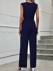 Mono sencillo de pierna ancha con cinturón ajustable cuello redondo sin mangas casual para mujer - Azul Marino - Ver 3
