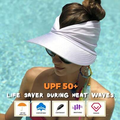1頂適用於女士的海灘遮陽帽,女士戶外運動防曬帽,太陽褶皺遮陽帽,可摺疊沙灘野餐帽,帶有防紫外線功能,適用於春夏通風冷爽的空頂帽,優雅休閒的遮陽帽