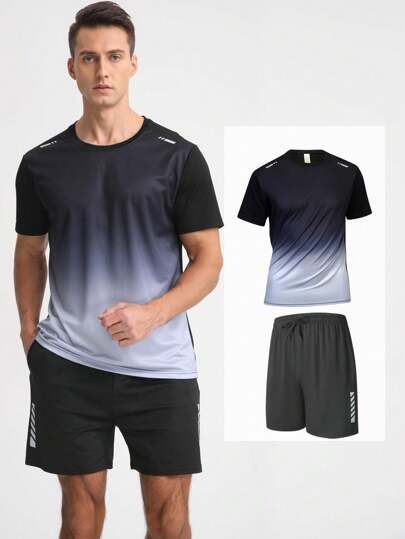 男友风男士速干短袖 T 恤和短裤跑步健身套装，夏季健身足球训练装备男友风男士短裤套装健身套装