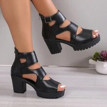 Women's Chunky Heel Peep-Toe Hollow Out Slip On Fashion High Heel Sandals, Suitable For Party And Outdoor Events - Black - View 2