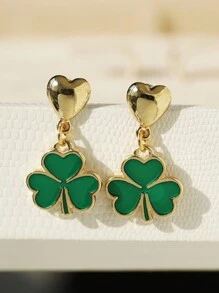 1 Pair Fashion Elegant Heart Enamel Clover Drop Earrings, Minimalist Versatile Green Clover Accessory, Gift For Valentine's Day & St. Patrick's Day - Earring - View 8