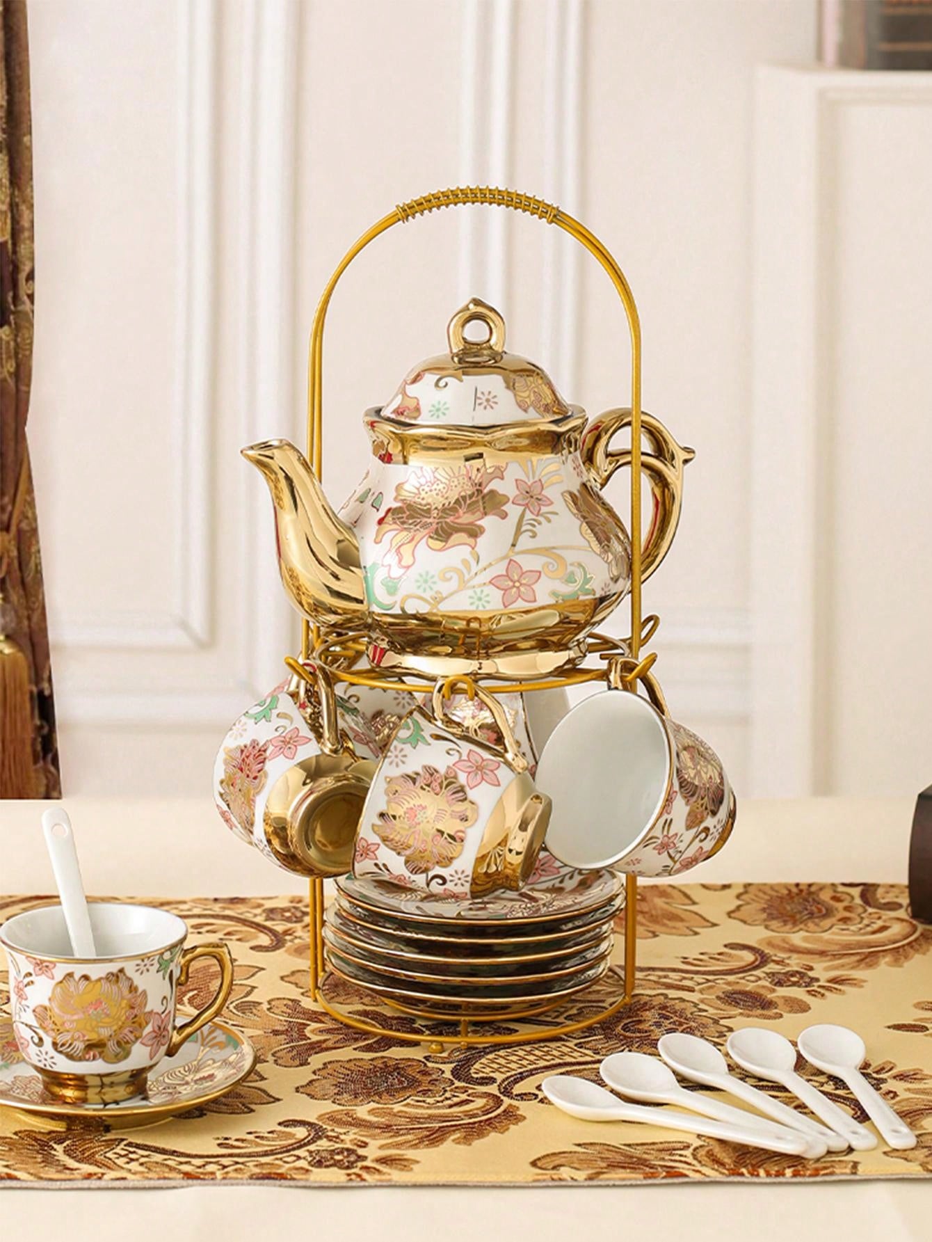 Juego De Té De Porcelana 20 Piezas - Estilo Europeo Vintage Con Soporte Metalico (Verde/Dorado)
